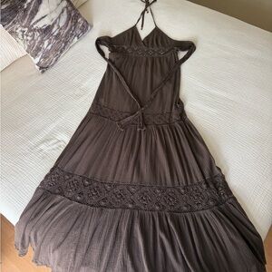 Vintage 70s Gauze & Crochet brown backless halter maxi in pristine condition.